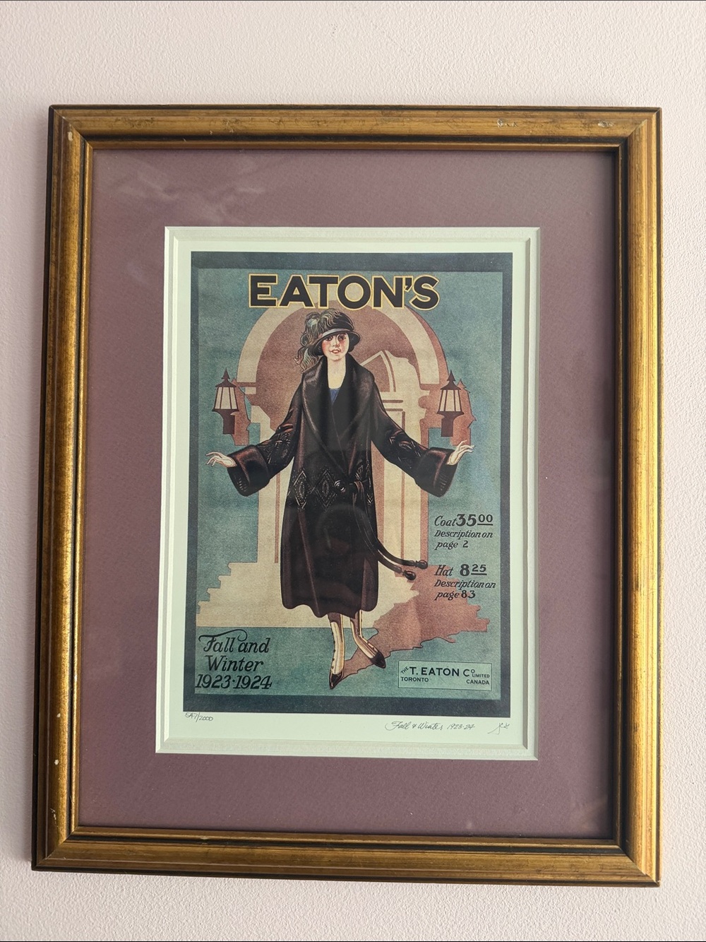 Eaton's Vintage Fashion Print in Gold Frame - Mauve Mat